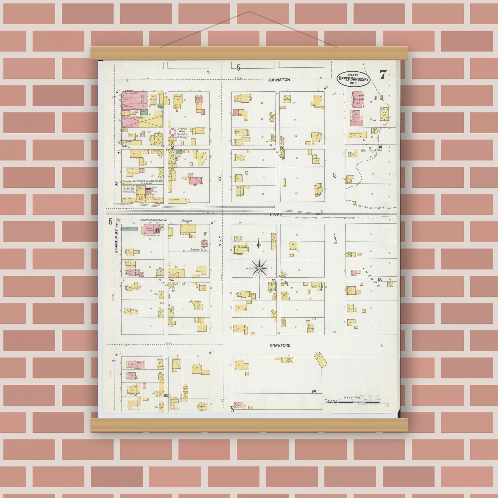 Old map wall art mockup — magnetic wood frame on brick wall — Sanborn Fire Insurance Map from Upper Sandusky, Wyandot County, Ohio (1902), Sheet #0007
