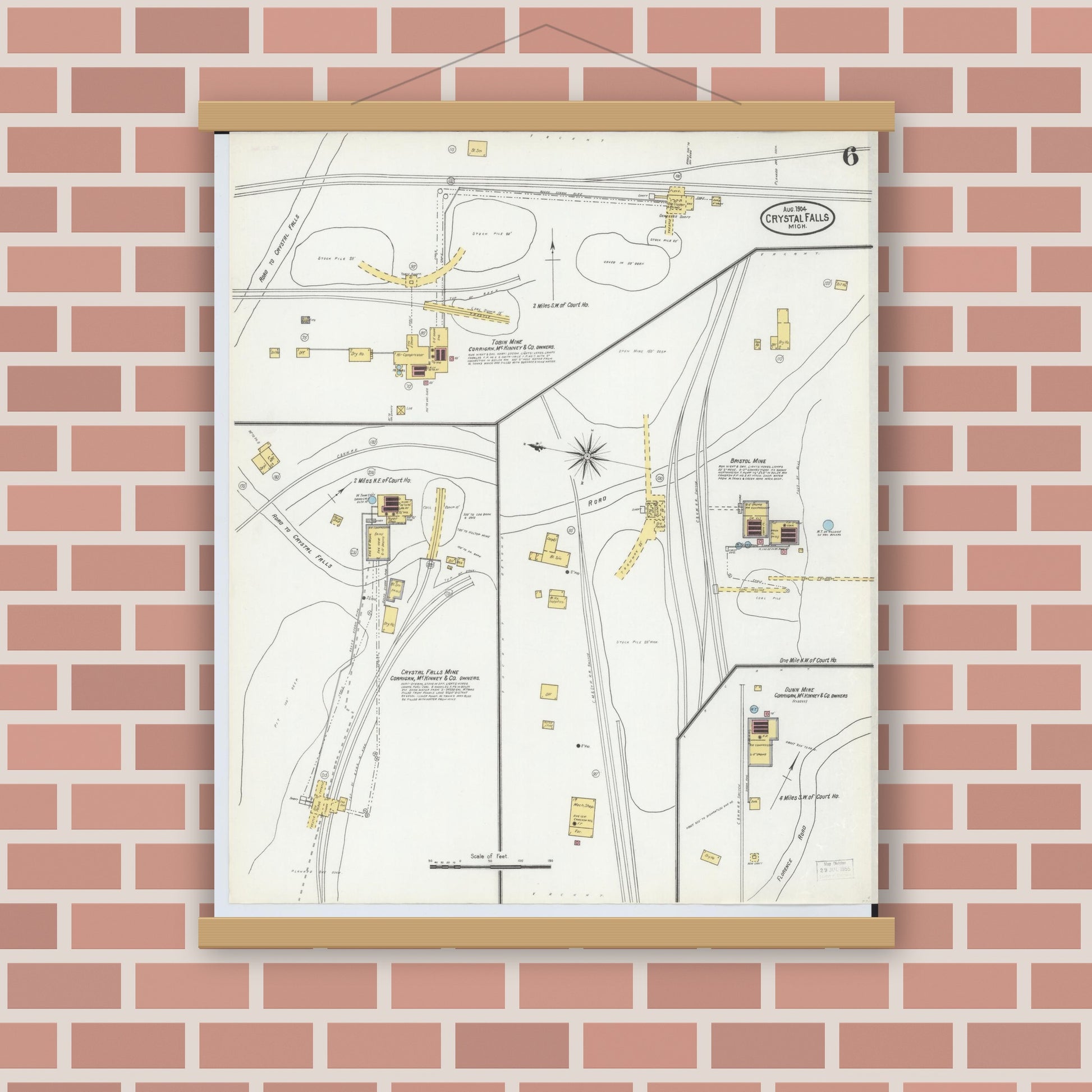 Old map wall art mockup — magnetic wood frame on brick wall — Sanborn Fire Insurance Map from Crystal Falls, Iron County, Michigan (1904), Sheet #0006