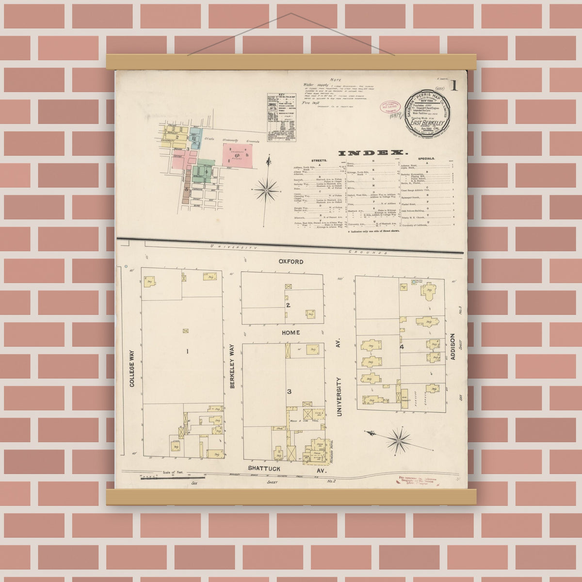 Old map wall art mockup — magnetic wood frame on brick wall — Sanborn Fire Insurance Map from East Berkeley, Alameda County, California (1890) - Complete Map Set