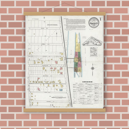 Old map wall art mockup — magnetic wood frame on brick wall — Sanborn Fire Insurance Map from Palm Beach, Palm Beach County, Florida (1919), Sheet #0001