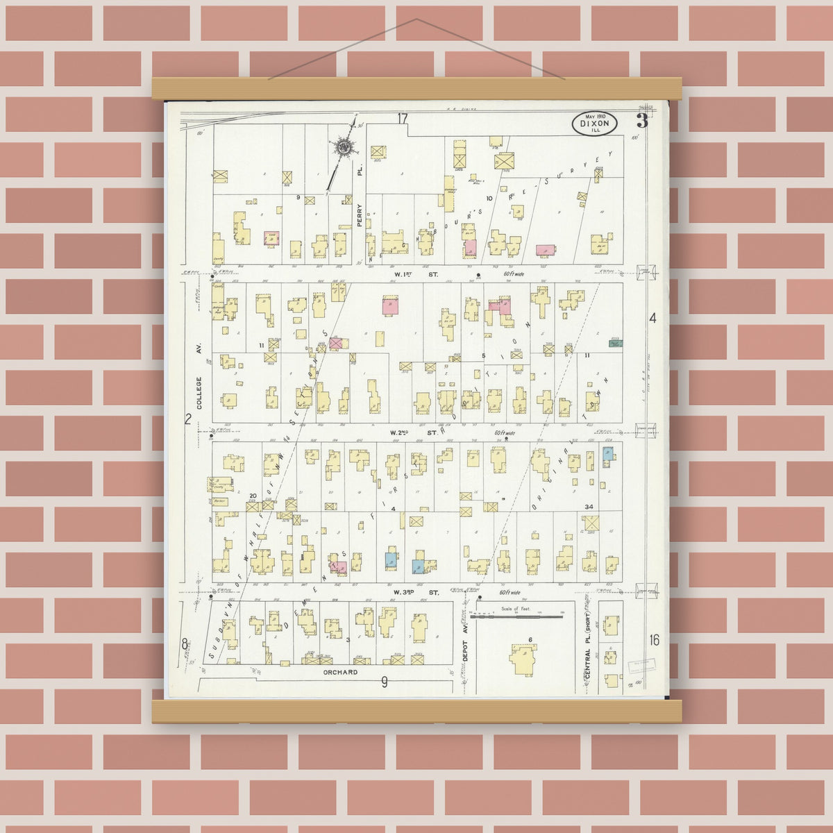 Old map wall art mockup — magnetic wood frame on brick wall — Sanborn Fire Insurance Map from Dixon, Lee County, Illinois (1910), Sheet #0003