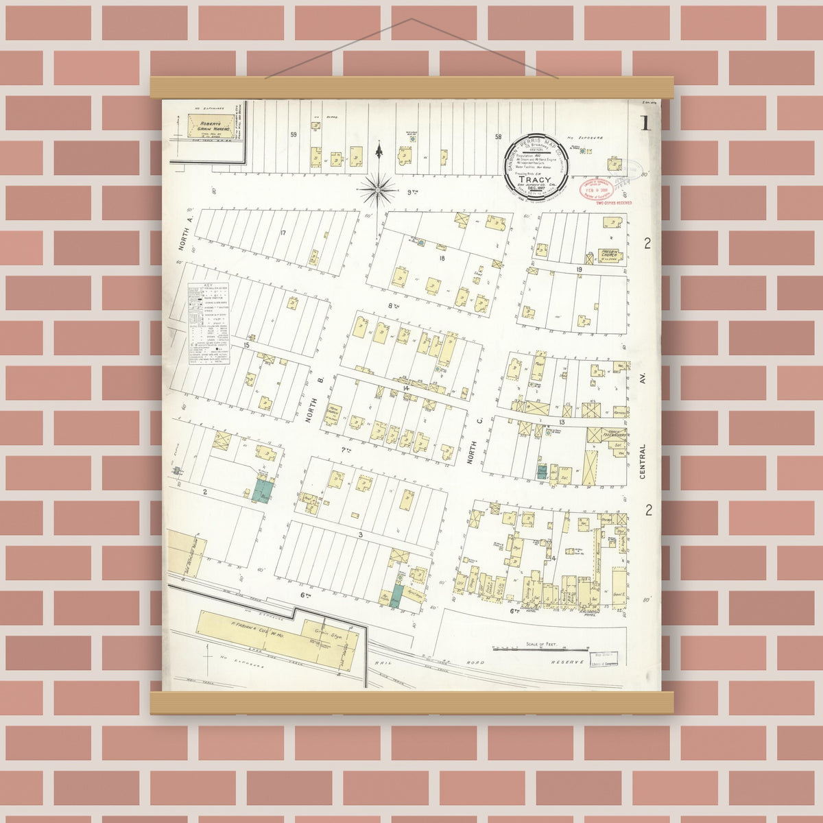 Old map wall art mockup — magnetic wood frame on brick wall — Sanborn Fire Insurance Map from Tracy, San Joaquin County, California (1897) - Complete Map Set