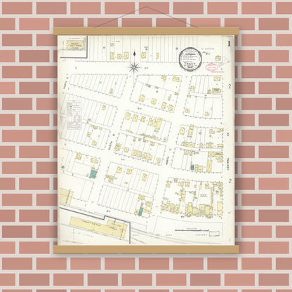 Old map wall art mockup — magnetic wood frame on brick wall — Sanborn Fire Insurance Map from Tracy, San Joaquin County, California (1897) - Complete Map Set
