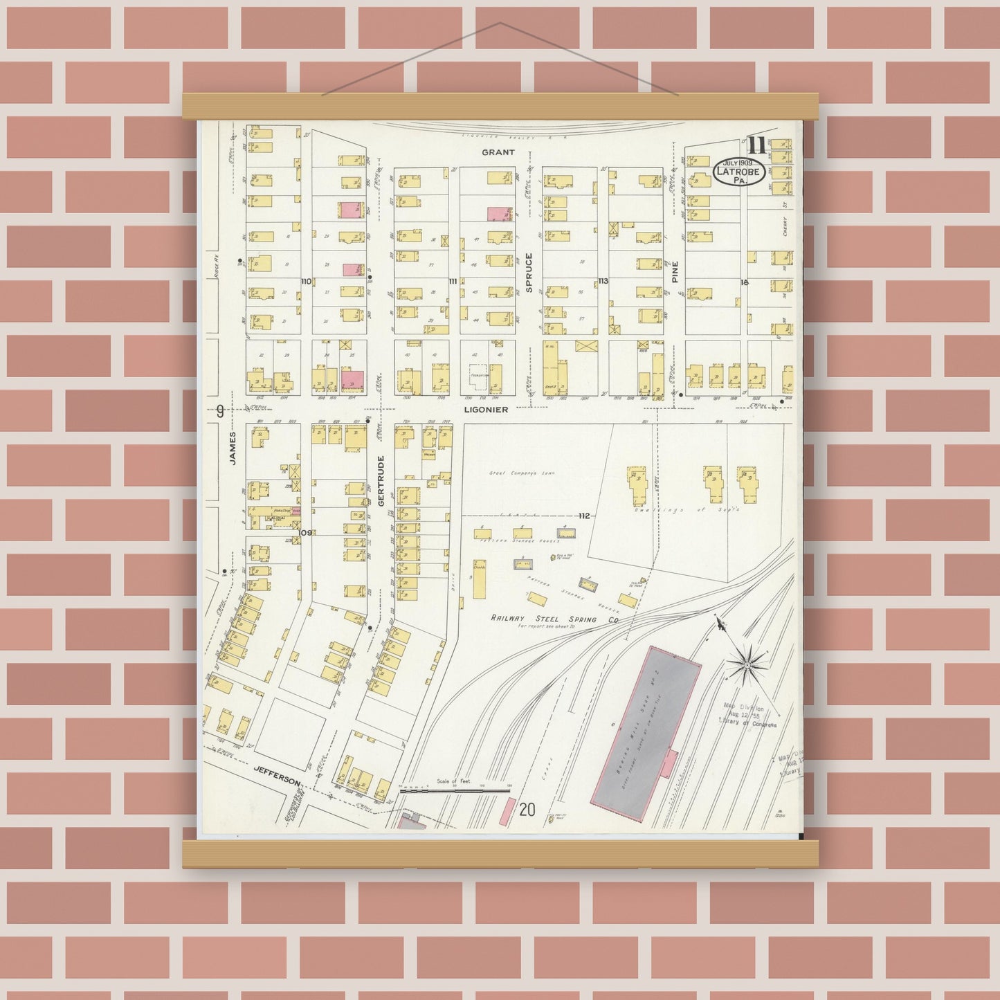 Old map wall art mockup — magnetic wood frame on brick wall — Sanborn Fire Insurance Map from Latrobe, Westmoreland County, Pennsylvania (1909), Sheet #0011