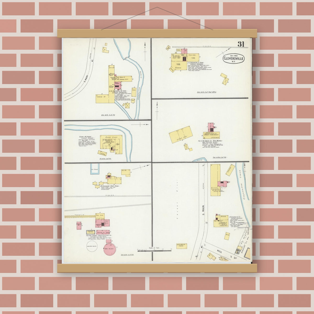 Old map wall art mockup — magnetic wood frame on brick wall — Sanborn Fire Insurance Map from Gloversville, Fulton County, New York (1902), Sheet #0031