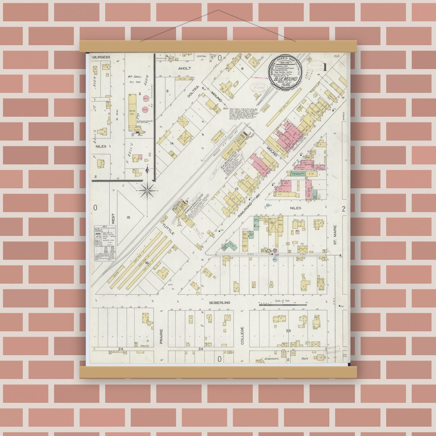 Old map wall art mockup — magnetic wood frame on brick wall — Sanborn Fire Insurance Map from Blue Mound, Macon County, Illinois (1899) - Complete Map Set