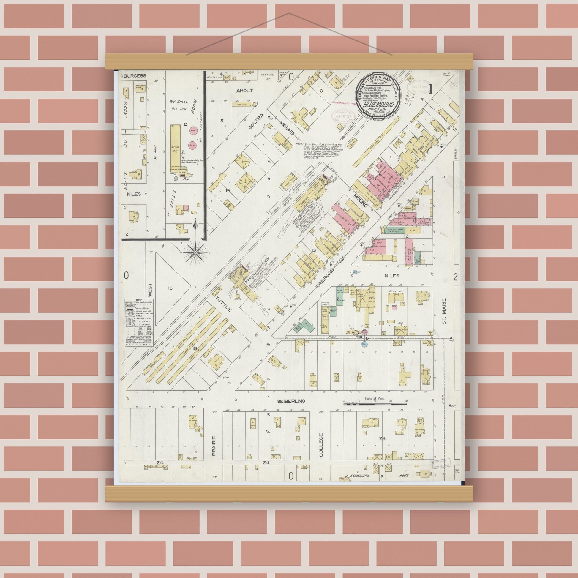 Old map wall art mockup — magnetic wood frame on brick wall — Sanborn Fire Insurance Map from Blue Mound, Macon County, Illinois (1899) - Complete Map Set