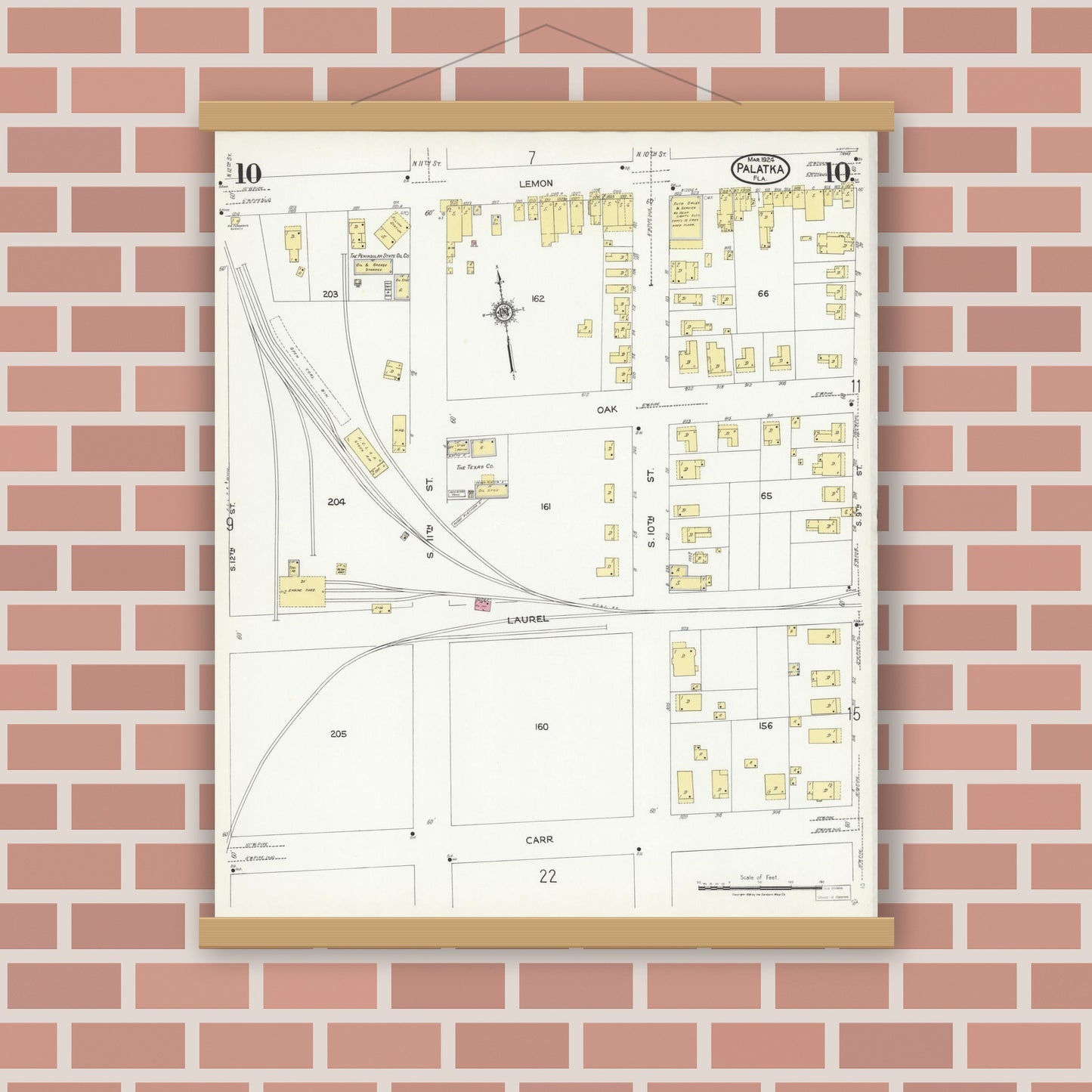 Old map wall art mockup — magnetic wood frame on brick wall — Sanborn Fire Insurance Map from Palatka, Putnam County, Florida (1924), Sheet #0010