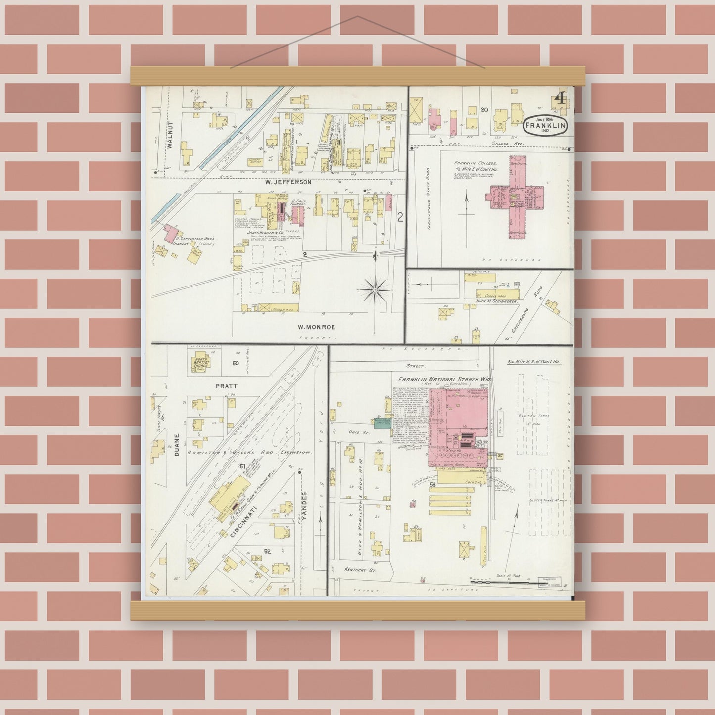 Old map wall art mockup — magnetic wood frame on brick wall — Sanborn Fire Insurance Map from Franklin, Johnson County, Indiana (1896), Sheet #0004