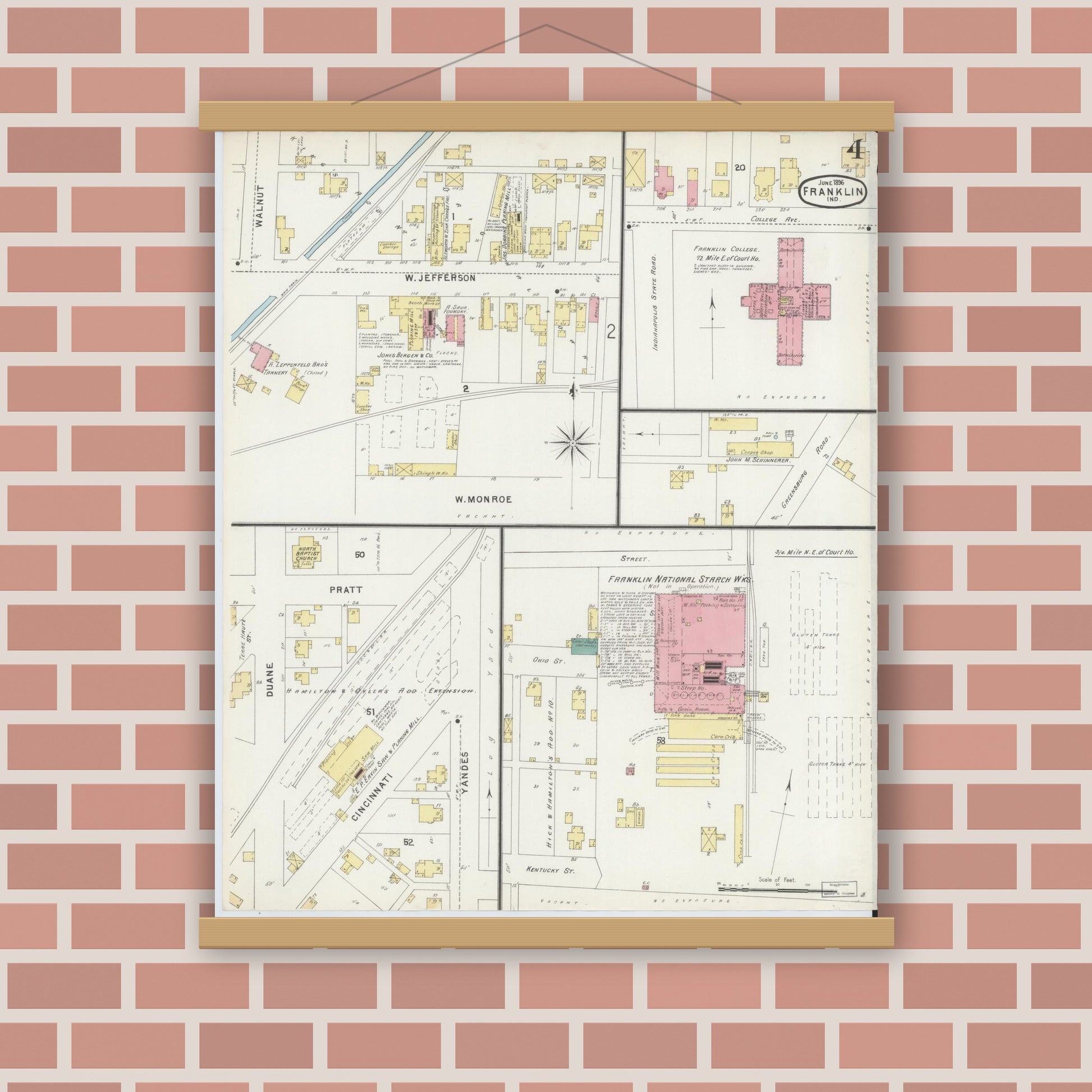 Old map wall art mockup — magnetic wood frame on brick wall — Sanborn Fire Insurance Map from Franklin, Johnson County, Indiana (1896), Sheet #0004