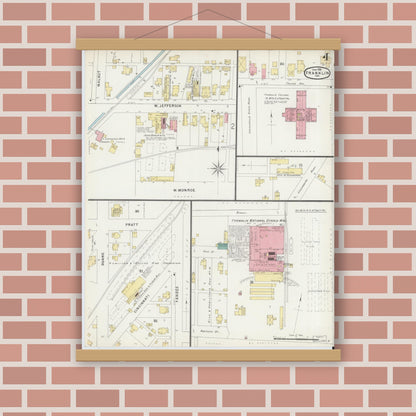Old map wall art mockup — magnetic wood frame on brick wall — Sanborn Fire Insurance Map from Franklin, Johnson County, Indiana (1896), Sheet #0004