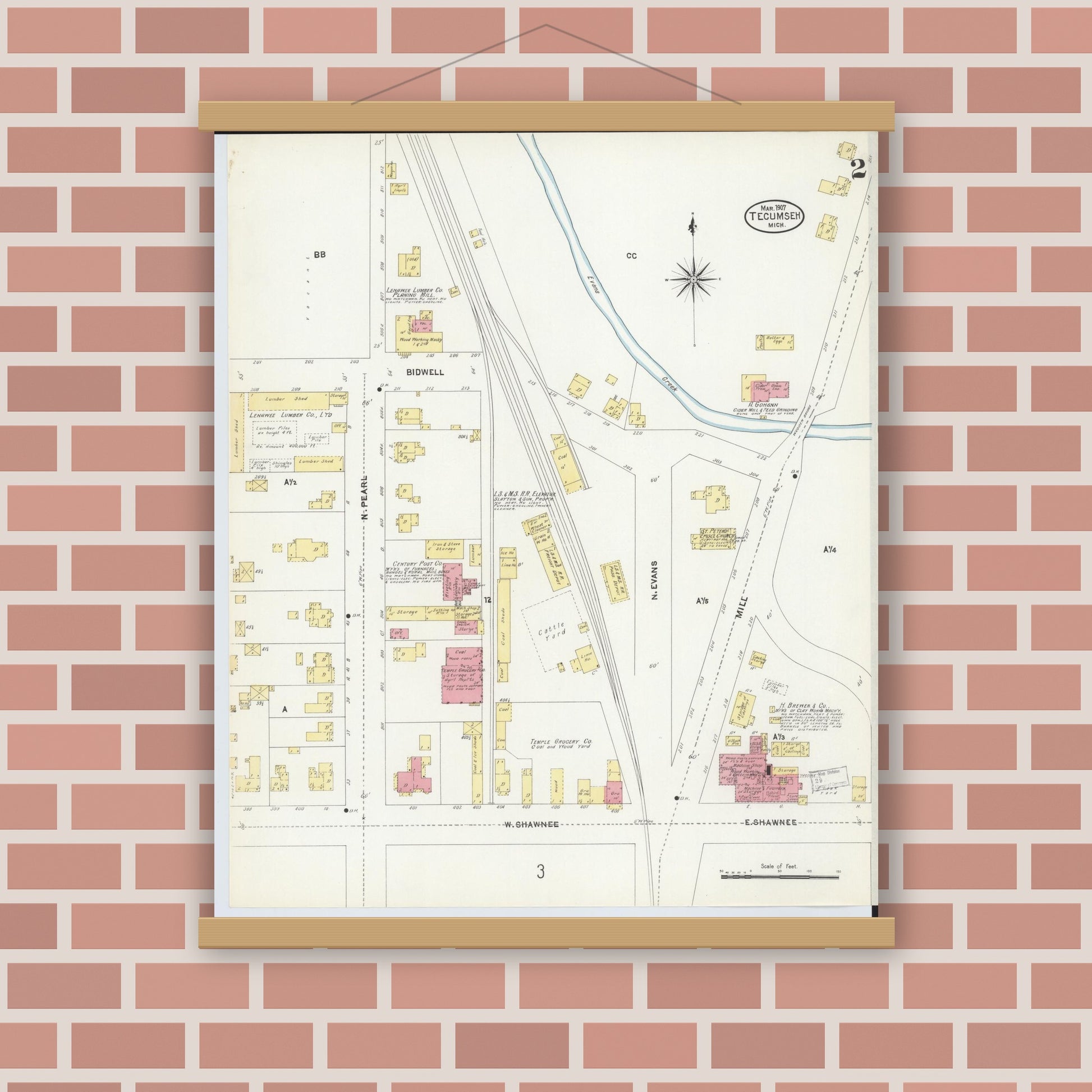 Old map wall art mockup — magnetic wood frame on brick wall — Sanborn Fire Insurance Map from Tecumseh, Lenawee County, Michigan (1907), Sheet #0002
