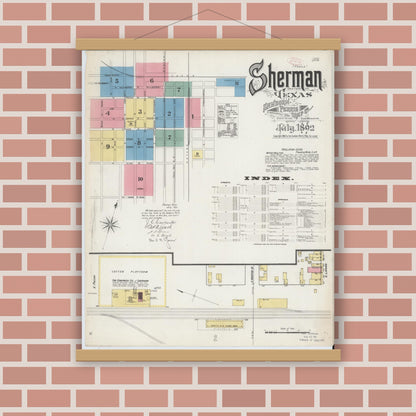 Old map wall art mockup — magnetic wood frame on brick wall — Sanborn Fire Insurance Map from Sherman, Grayson County, Texas (1892), Sheet #0001