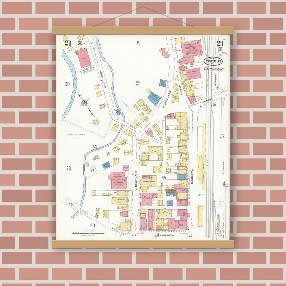 Old map wall art mockup — magnetic wood frame on brick wall — Sanborn Fire Insurance Map from Stroudsburg, Monroe County, Pennsylvania (1923), Sheet #0021