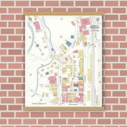 Old map wall art mockup — magnetic wood frame on brick wall — Sanborn Fire Insurance Map from Stroudsburg, Monroe County, Pennsylvania (1923), Sheet #0021