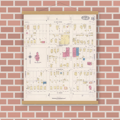 Old map wall art mockup — magnetic wood frame on brick wall — Sanborn Fire Insurance Map from Taylorville, Christian County, Illinois (1922), Sheet #0011