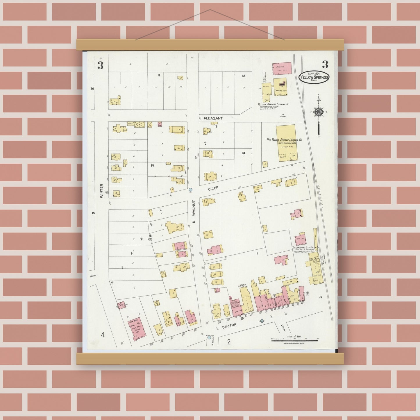 Old map wall art mockup — magnetic wood frame on brick wall — Sanborn Fire Insurance Map from Yellow Springs, Greene County, Ohio (1924), Sheet #0003