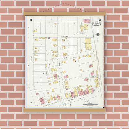 Old map wall art mockup — magnetic wood frame on brick wall — Sanborn Fire Insurance Map from Yellow Springs, Greene County, Ohio (1924), Sheet #0003