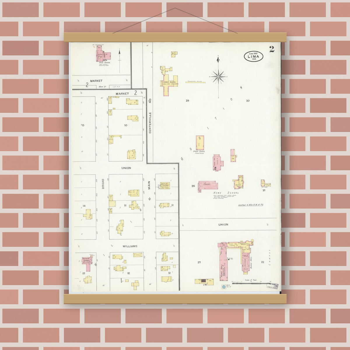 Old map wall art mockup — magnetic wood frame on brick wall — Sanborn Fire Insurance Map from Lima, LaGrange County, Indiana (1909), Sheet #0002
