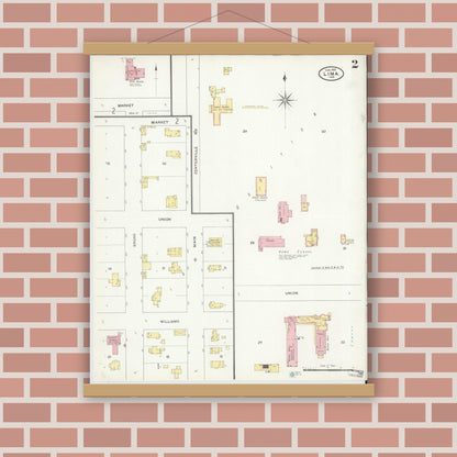 Old map wall art mockup — magnetic wood frame on brick wall — Sanborn Fire Insurance Map from Lima, LaGrange County, Indiana (1909), Sheet #0002