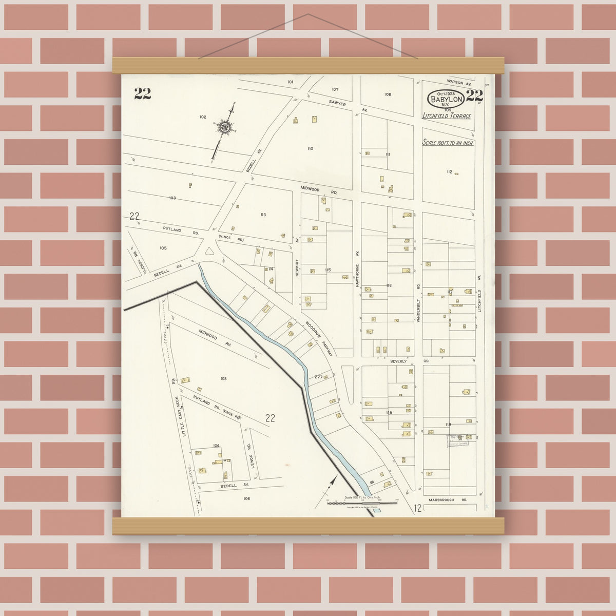 Old map wall art mockup — magnetic wood frame on brick wall — Sanborn Fire Insurance Map from Babylon, Suffolk County, New York (1923), Sheet #0022