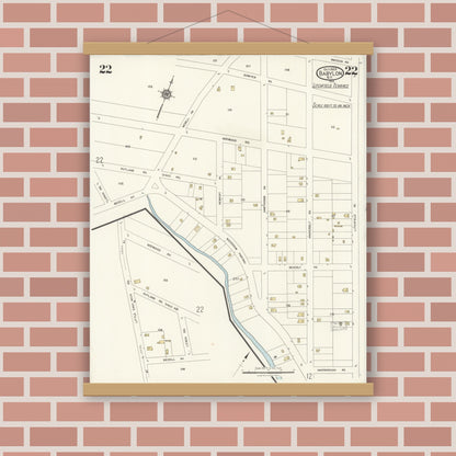 Old map wall art mockup — magnetic wood frame on brick wall — Sanborn Fire Insurance Map from Babylon, Suffolk County, New York (1923), Sheet #0022