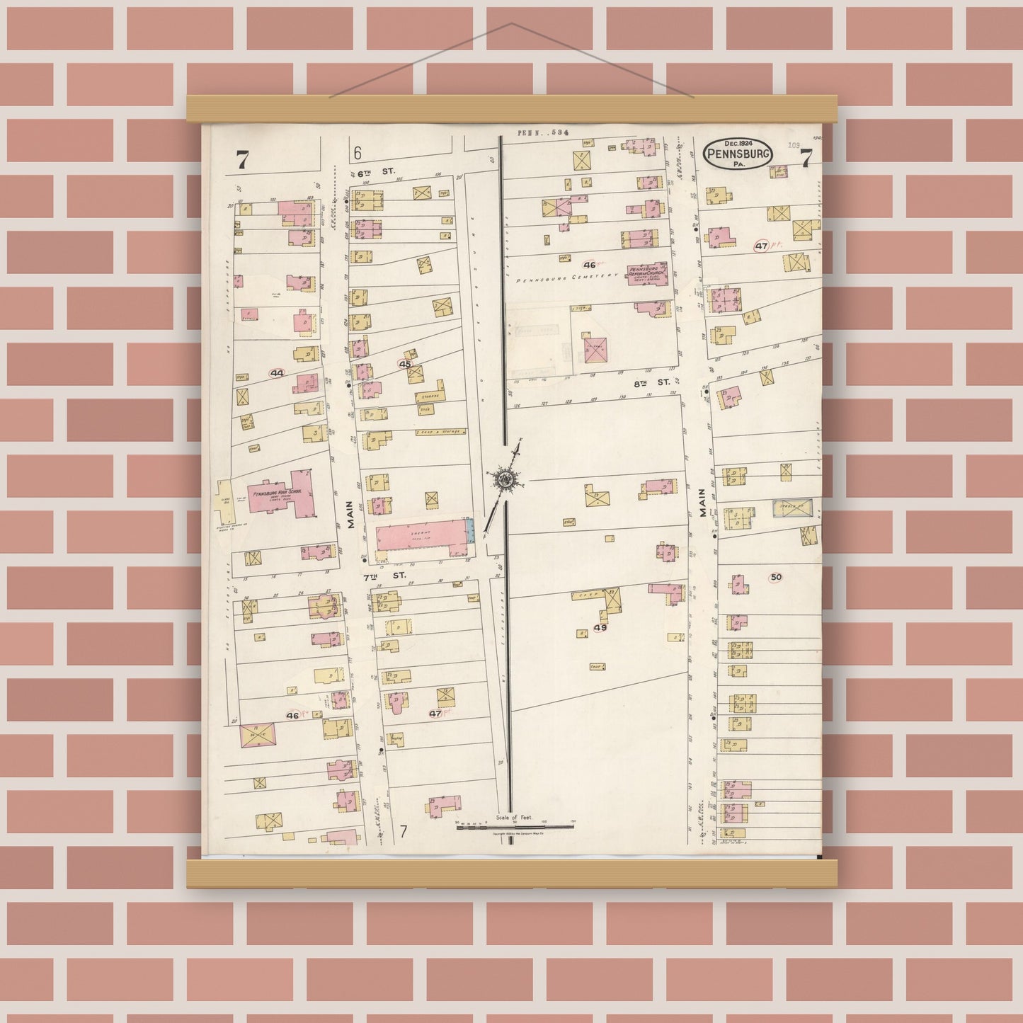 Old map wall art mockup — magnetic wood frame on brick wall — Sanborn Fire Insurance Map from Pennsburg, Montgomery County, Pennsylvania (1933), Sheet #0007