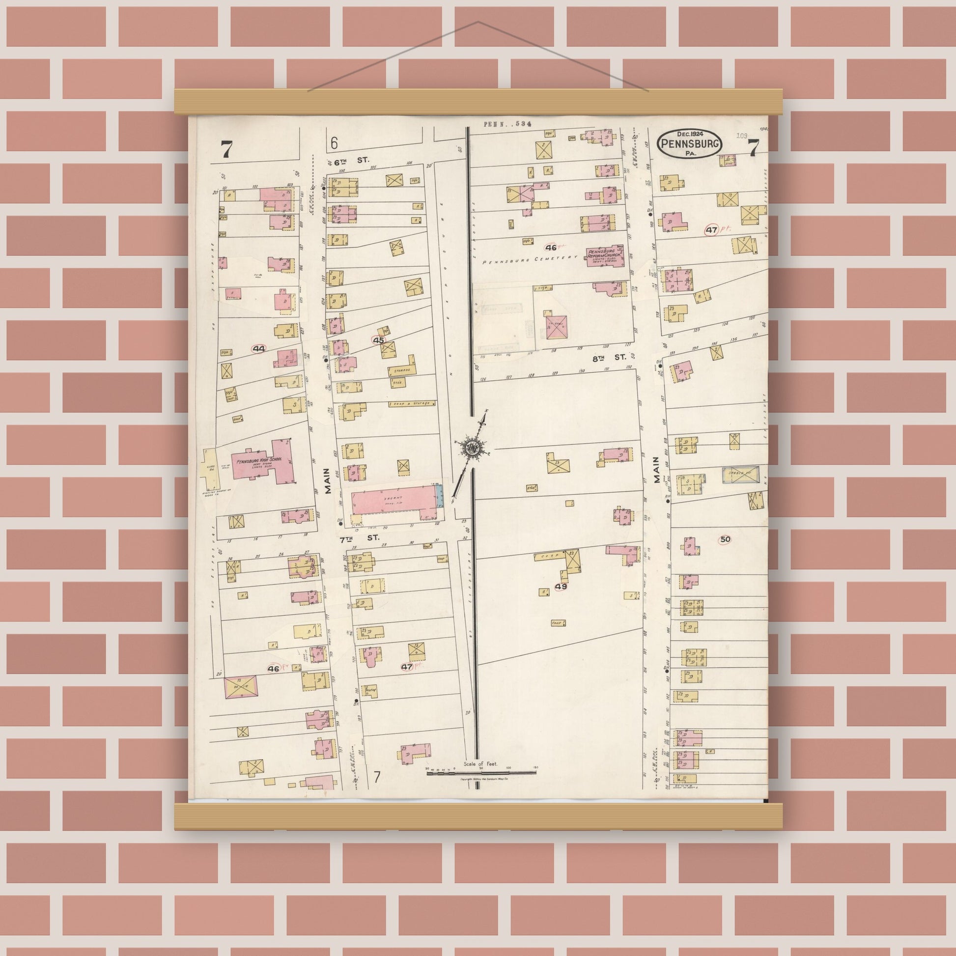 Old map wall art mockup — magnetic wood frame on brick wall — Sanborn Fire Insurance Map from Pennsburg, Montgomery County, Pennsylvania (1933), Sheet #0007