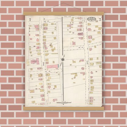 Old map wall art mockup — magnetic wood frame on brick wall — Sanborn Fire Insurance Map from Pennsburg, Montgomery County, Pennsylvania (1933), Sheet #0007