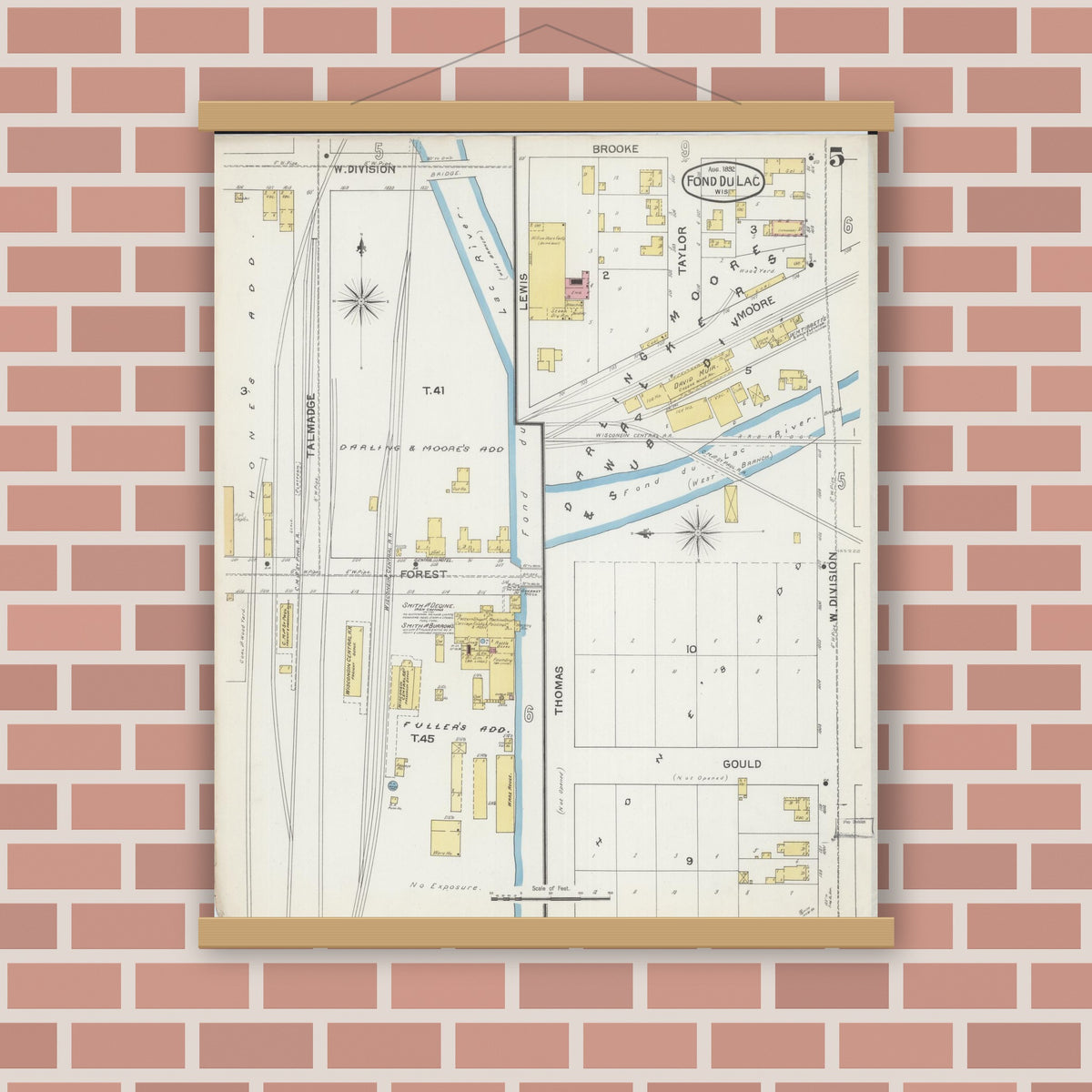 Old map wall art mockup — magnetic wood frame on brick wall — Sanborn Fire Insurance Map from Fond du Lac, Fond du Lac County, Wisconsin (1892), Sheet #0005