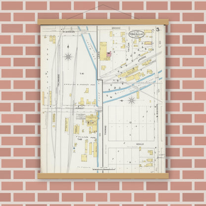 Old map wall art mockup — magnetic wood frame on brick wall — Sanborn Fire Insurance Map from Fond du Lac, Fond du Lac County, Wisconsin (1892), Sheet #0005