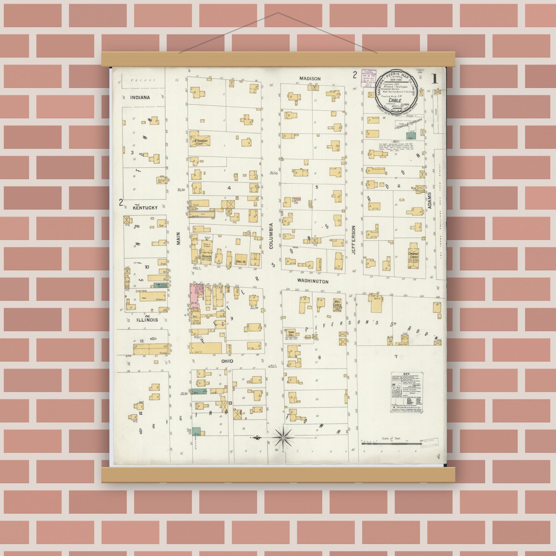 Old map wall art mockup — magnetic wood frame on brick wall — Sanborn Fire Insurance Map from Cable, Mercer County, Illinois (1901) - Complete Map Set
