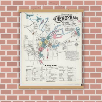 Old map wall art mockup — magnetic wood frame on brick wall — Sanborn Fire Insurance Map from Cheboygan, Cheboygan County, Michigan (1895) - Complete Map Set