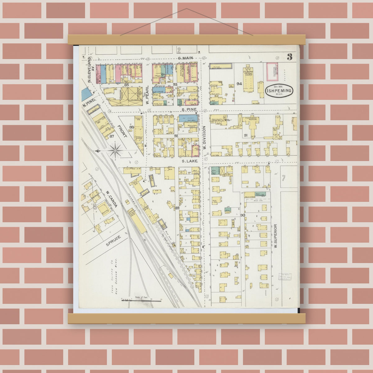 Old map wall art mockup — magnetic wood frame on brick wall — Sanborn Fire Insurance Map from Ishpeming, Marquette County, Michigan (1892), Sheet #0003