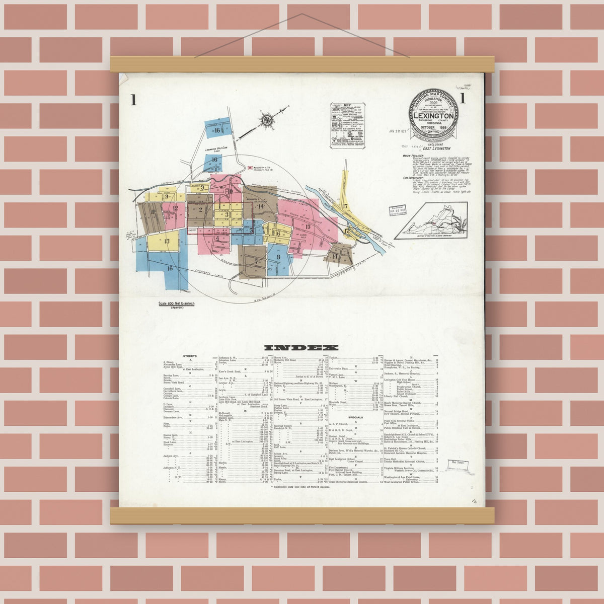 Old map wall art mockup — magnetic wood frame on brick wall — Sanborn Fire Insurance Map from Lexington, Independent Cities, Virginia (1926) - Complete Map Set