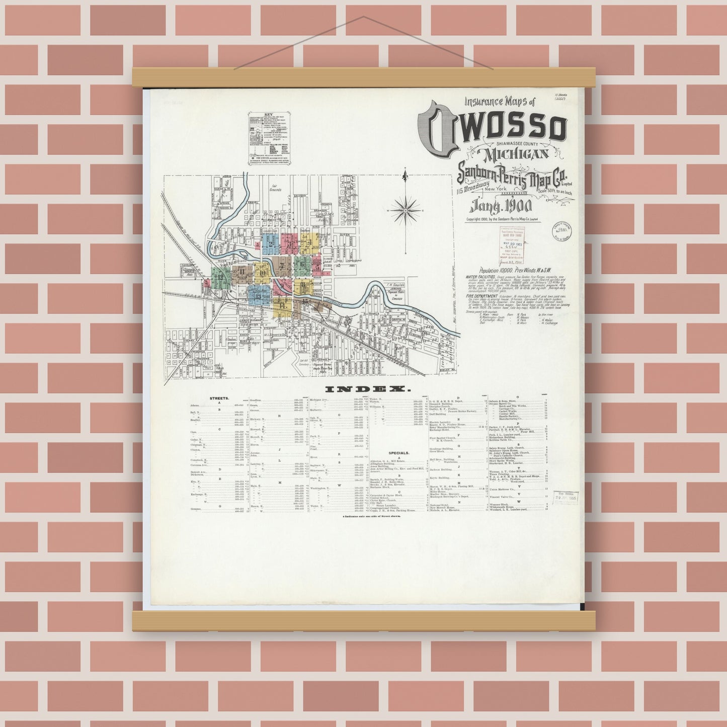 Old map wall art mockup — magnetic wood frame on brick wall — Sanborn Fire Insurance Map from Owosso, Shiawassee County, Michigan (1900) - Complete Map Set