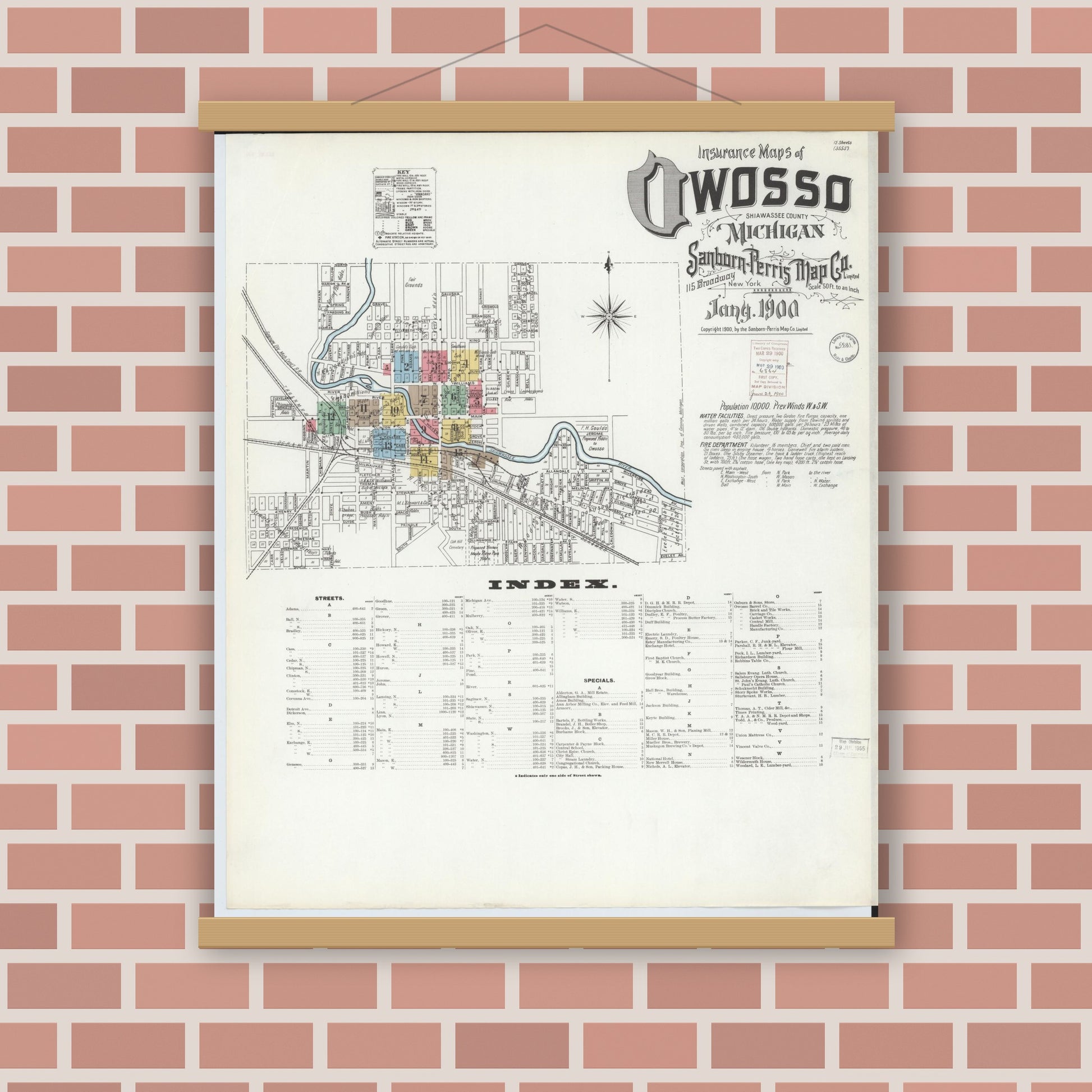 Old map wall art mockup — magnetic wood frame on brick wall — Sanborn Fire Insurance Map from Owosso, Shiawassee County, Michigan (1900) - Complete Map Set