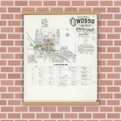 Old map wall art mockup — magnetic wood frame on brick wall — Sanborn Fire Insurance Map from Owosso, Shiawassee County, Michigan (1900) - Complete Map Set