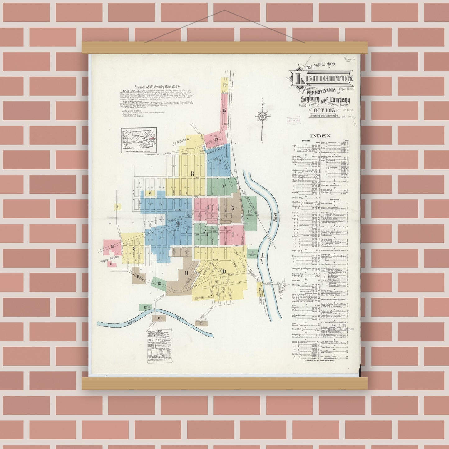 Old map wall art mockup — magnetic wood frame on brick wall — Sanborn Fire Insurance Map from Lehighton, Carbon County, Pennsylvania (1915) - Complete Map Set