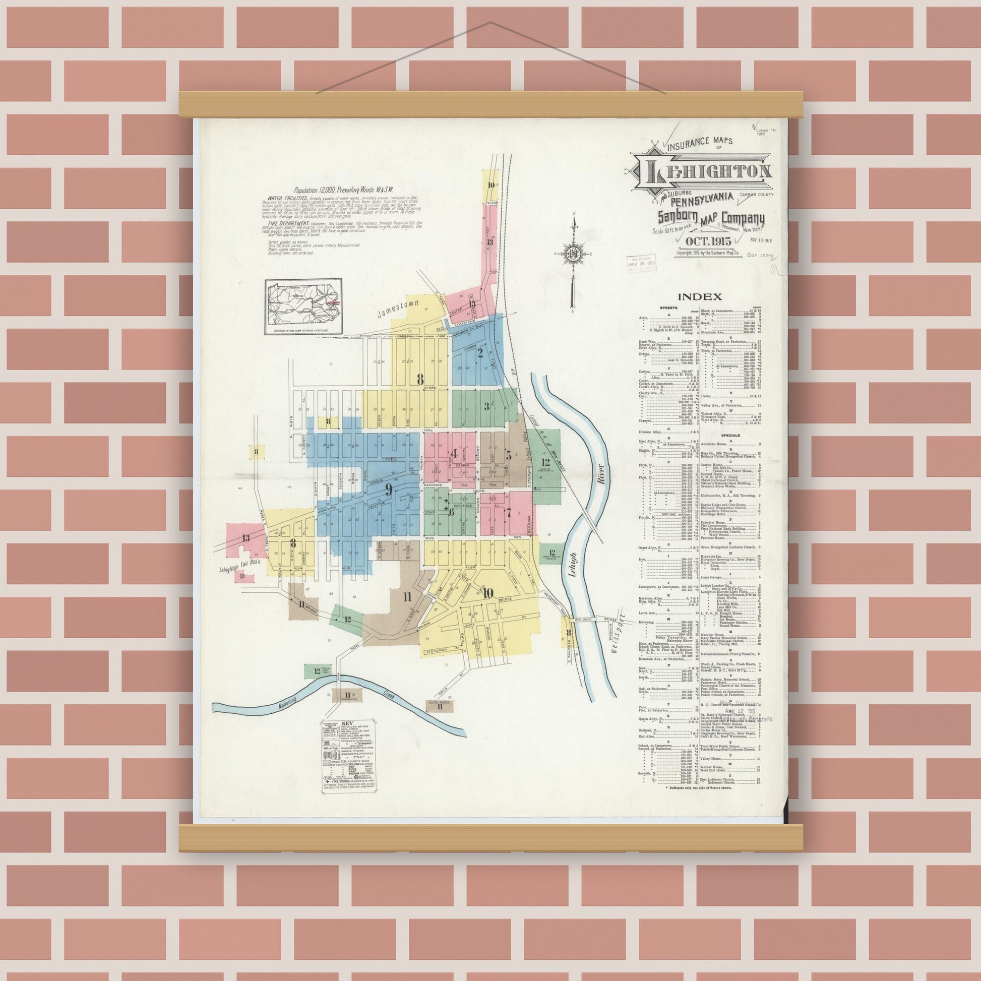 Old map wall art mockup — magnetic wood frame on brick wall — Sanborn Fire Insurance Map from Lehighton, Carbon County, Pennsylvania (1915) - Complete Map Set
