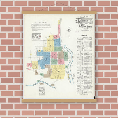 Old map wall art mockup — magnetic wood frame on brick wall — Sanborn Fire Insurance Map from Lehighton, Carbon County, Pennsylvania (1915) - Complete Map Set