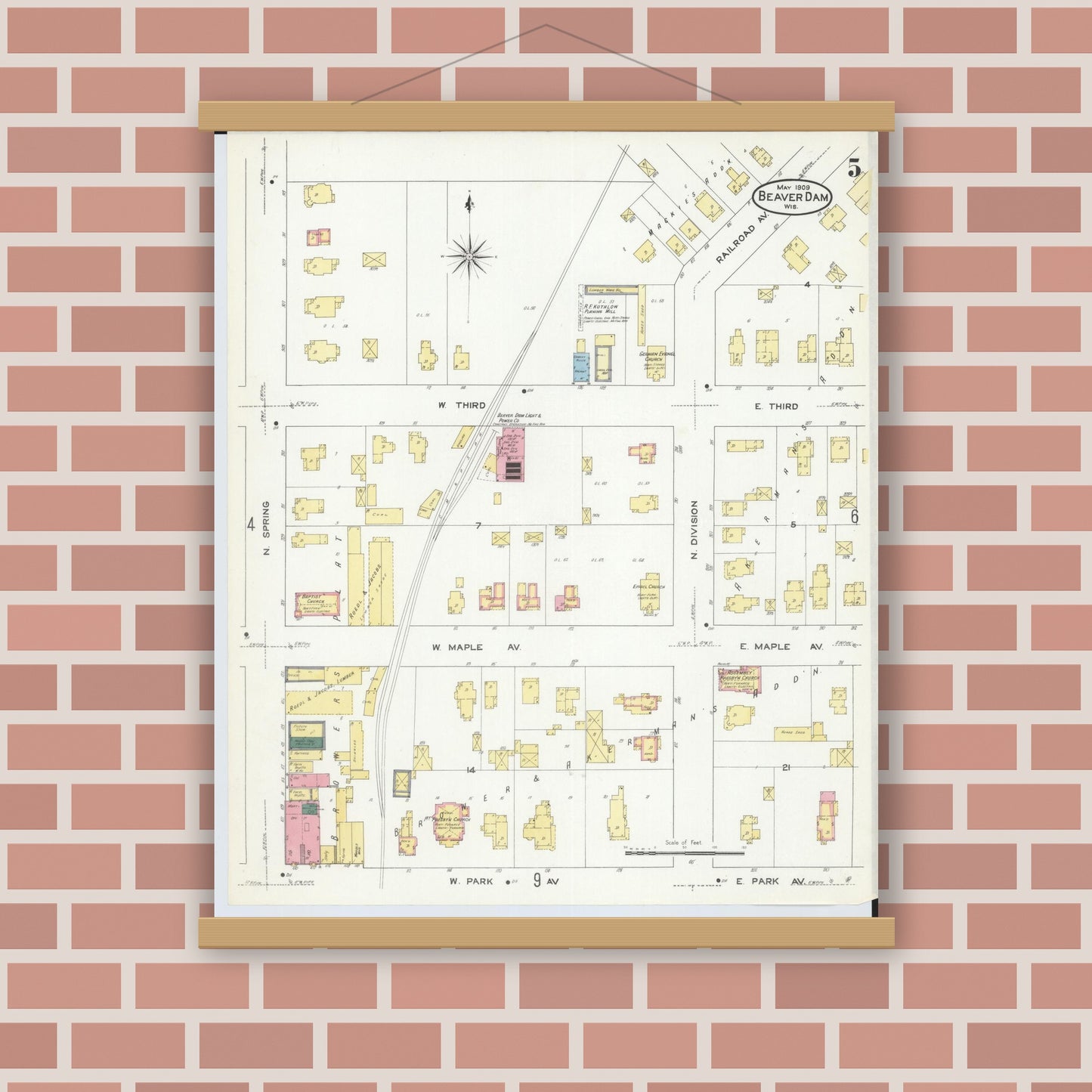 Old map wall art mockup — magnetic wood frame on brick wall — Sanborn Fire Insurance Map from Beaver Dam, Dodge County, Wisconsin (1909), Sheet #0005