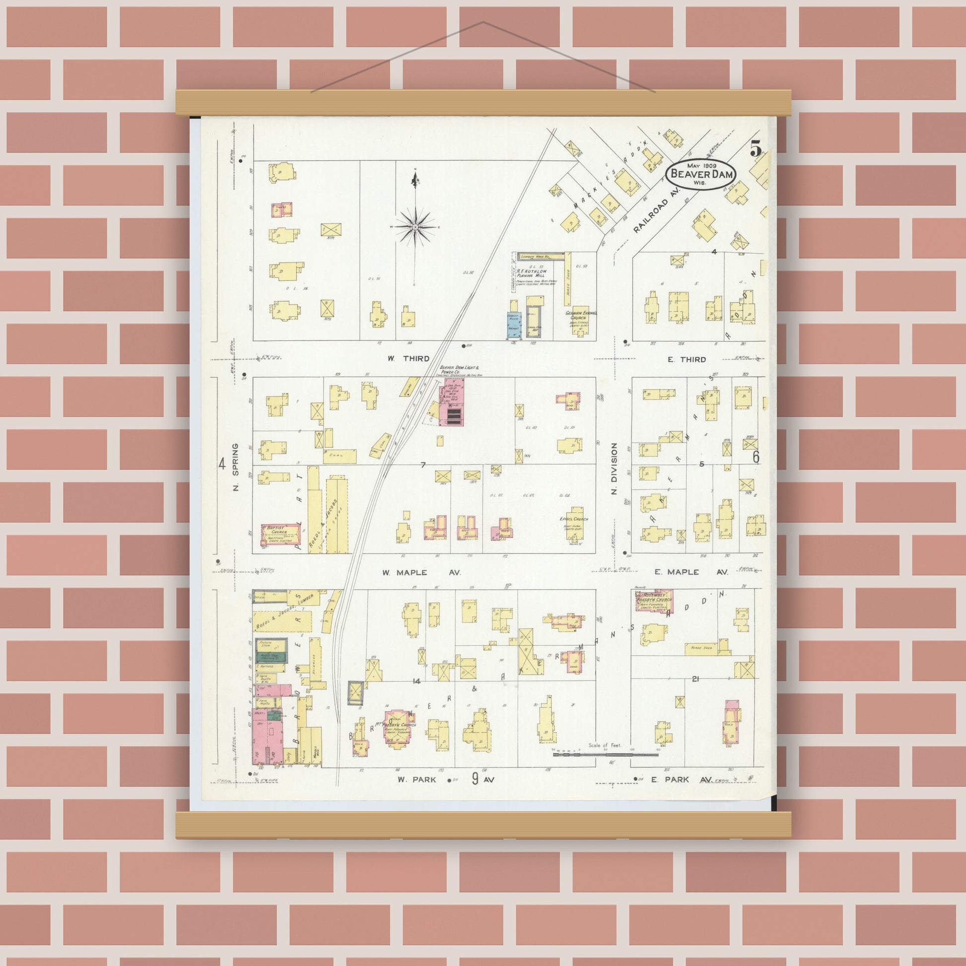 Old map wall art mockup — magnetic wood frame on brick wall — Sanborn Fire Insurance Map from Beaver Dam, Dodge County, Wisconsin (1909), Sheet #0005