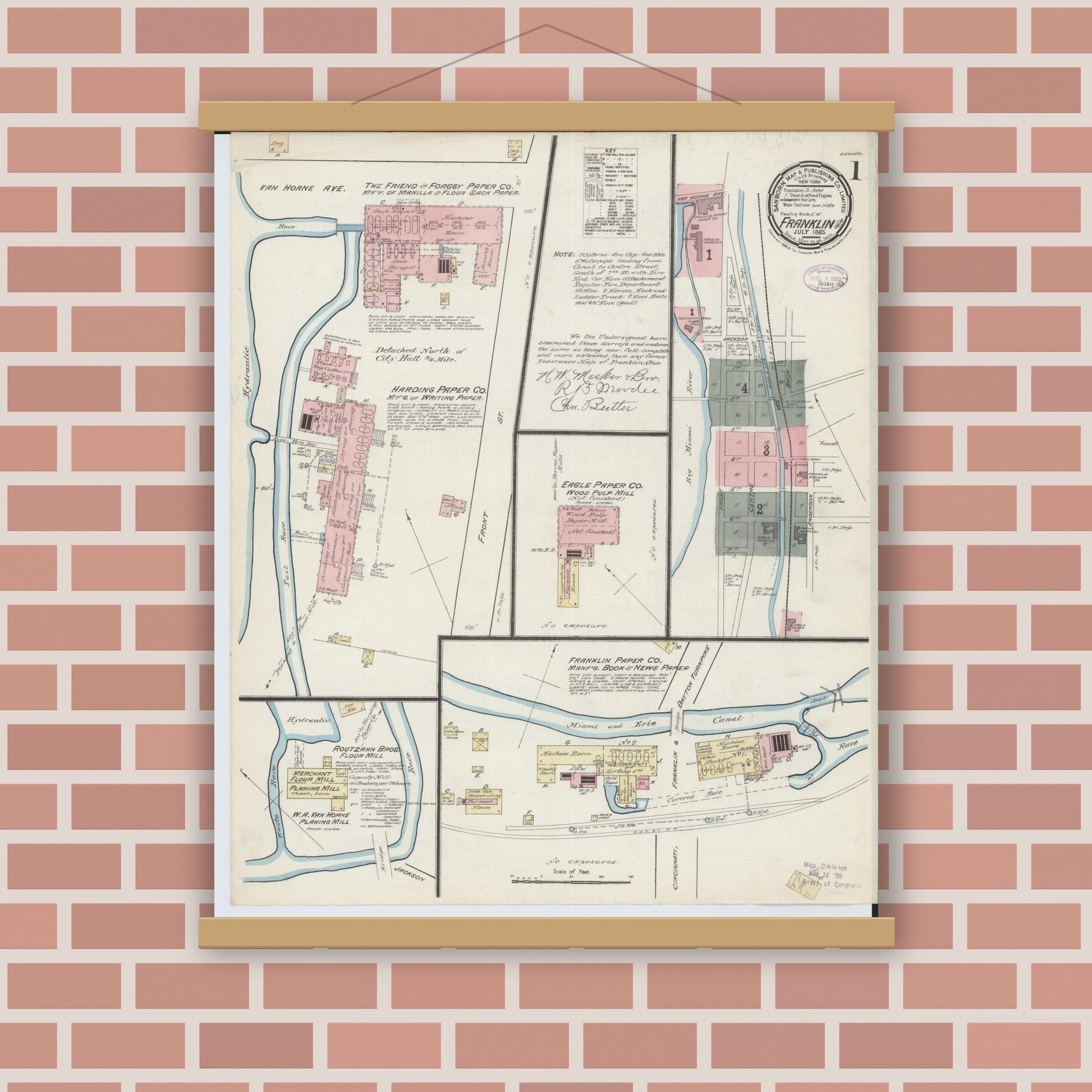Old map wall art mockup — magnetic wood frame on brick wall — Sanborn Fire Insurance Map from Franklin, Warren County, Ohio (1885) - Complete Map Set