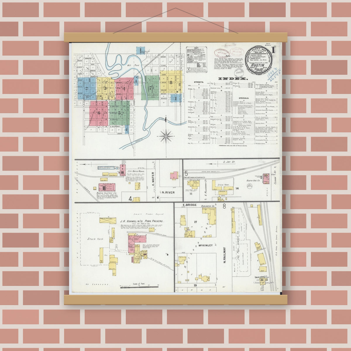 Old map wall art mockup — magnetic wood frame on brick wall — Sanborn Fire Insurance Map from Austin, Mower County, Minnesota (1899) - Complete Map Set