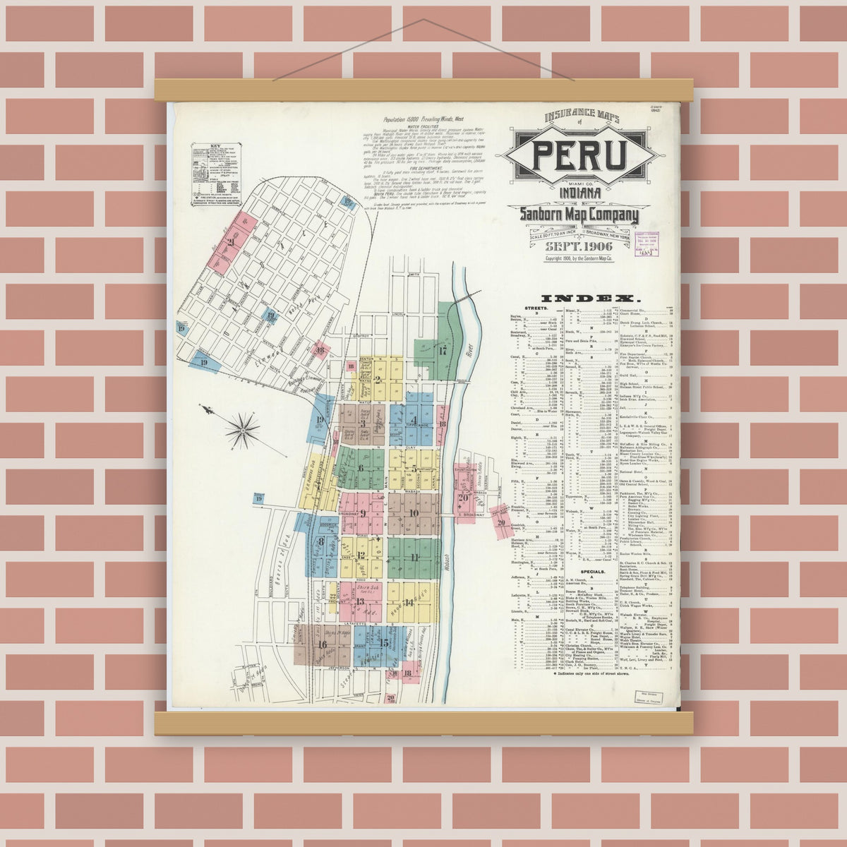 Old map wall art mockup — magnetic wood frame on brick wall — Sanborn Fire Insurance Map from Peru, Miami County, Indiana (1906), Sheet #0001