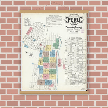 Old map wall art mockup — magnetic wood frame on brick wall — Sanborn Fire Insurance Map from Peru, Miami County, Indiana (1906), Sheet #0001