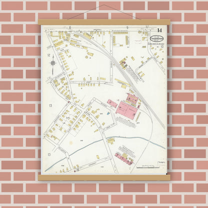 Old map wall art mockup — magnetic wood frame on brick wall — Sanborn Fire Insurance Map from Framingham, Middlesex County, Massachusetts (1915), Sheet #0014