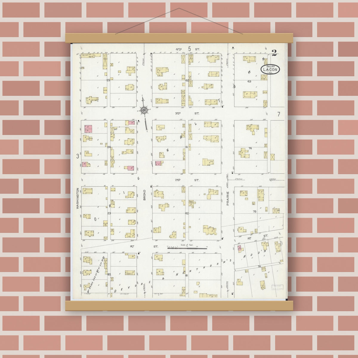 Old map wall art mockup — magnetic wood frame on brick wall — Sanborn Fire Insurance Map from Lacon, Marshall County, Illinois (1913), Sheet #0002
