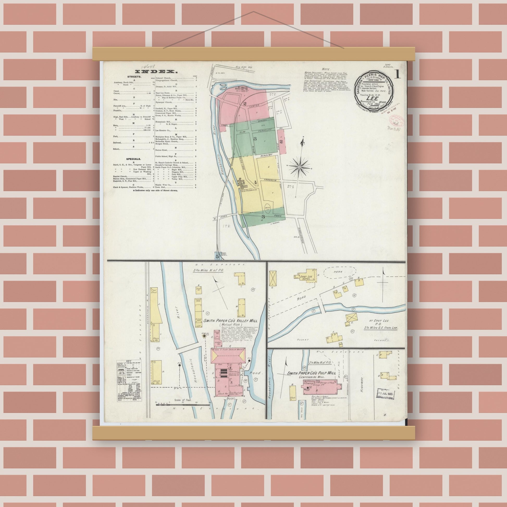 Old map wall art mockup — magnetic wood frame on brick wall — Sanborn Fire Insurance Map from Lee, Berkshire County, Massachusetts (1895) - Complete Map Set